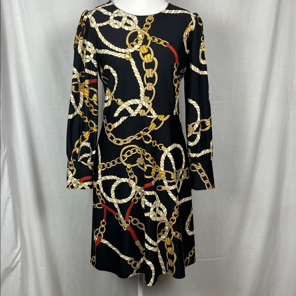 Jude Connally Black Chain Puff Long Sleeve Midi Dress